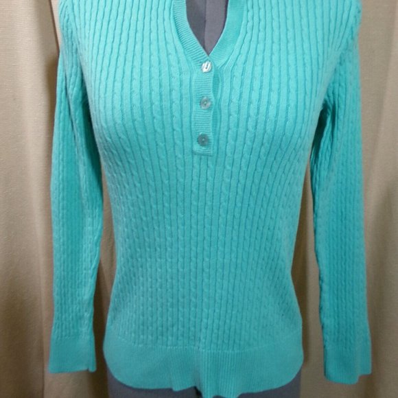 JEANNE PIERRE Cable knit Sweater Top S Mint Green Henley 1/2 button up Long slv - Picture 3 of 8
